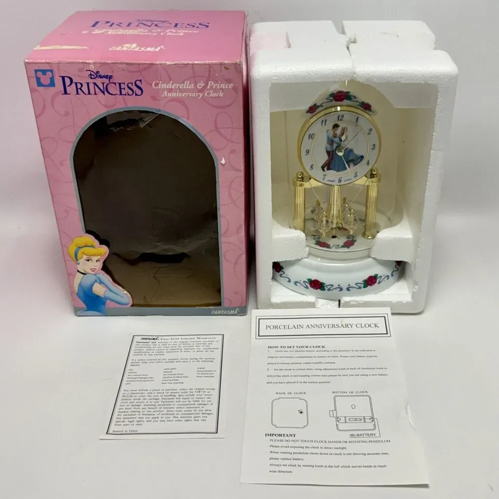 Disney Princess Cinderella & Prince Anniversary Clock, Glass Dome Porcelain Base